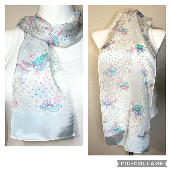 Echo Accessories - Echo Vintage Silk Scarf Clams Crustaceancore Grandmacore White Blue 11” x 46”